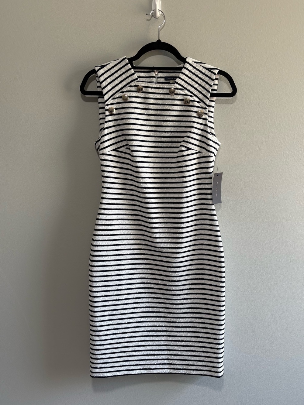 NWT Tommy Hilfiger Nautical Striped Sheath Dress Silver Button Detail Size 2